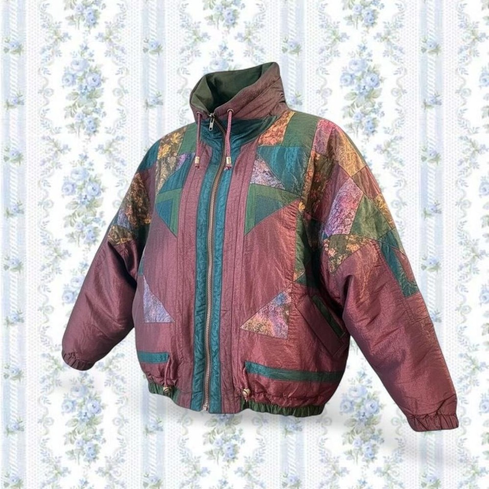 Braetan Women Medium Iridescent 80s vintage patchwork puffer jacket zipper hood